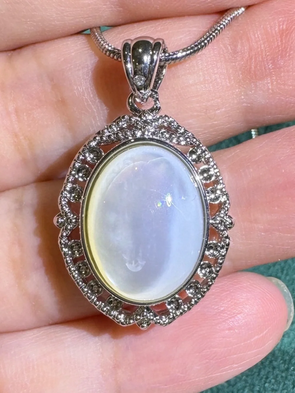 Vintage Oval Mother of Pearl CZ Halo Pendant Necklace